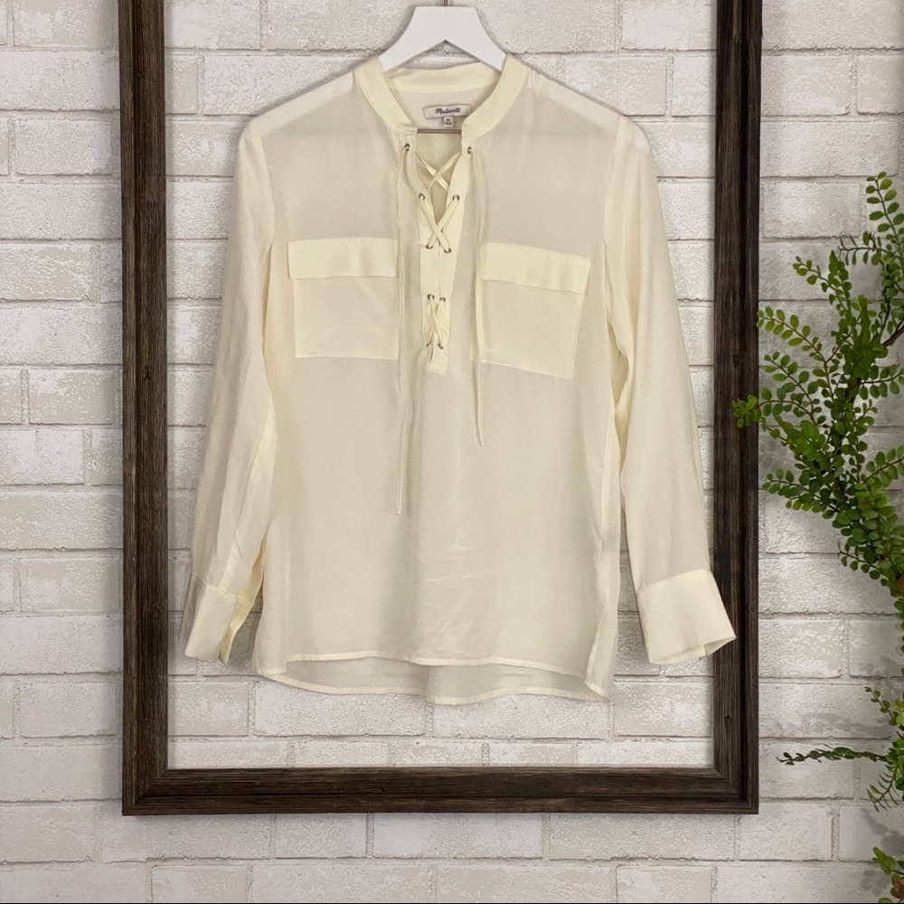 Madewell Silk Lace Up Blouse in Ivory Off-White - Picture 10 of 16